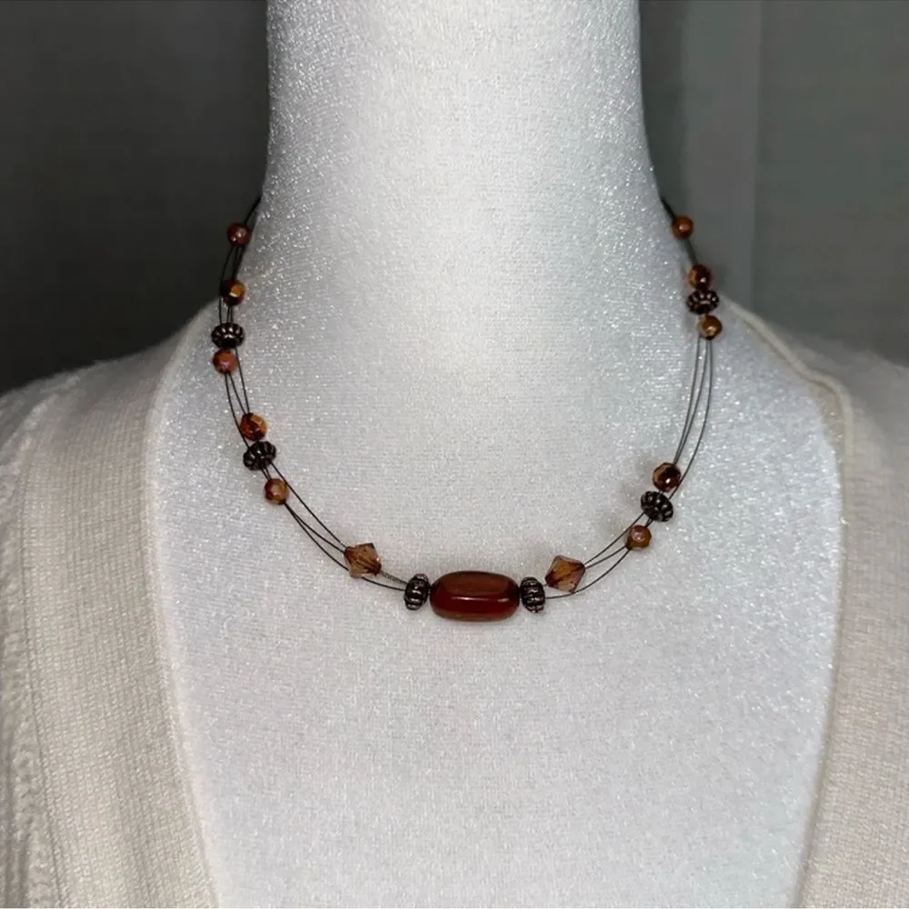 Brass Tone Brown Chocolate Small Three Strand Necklace